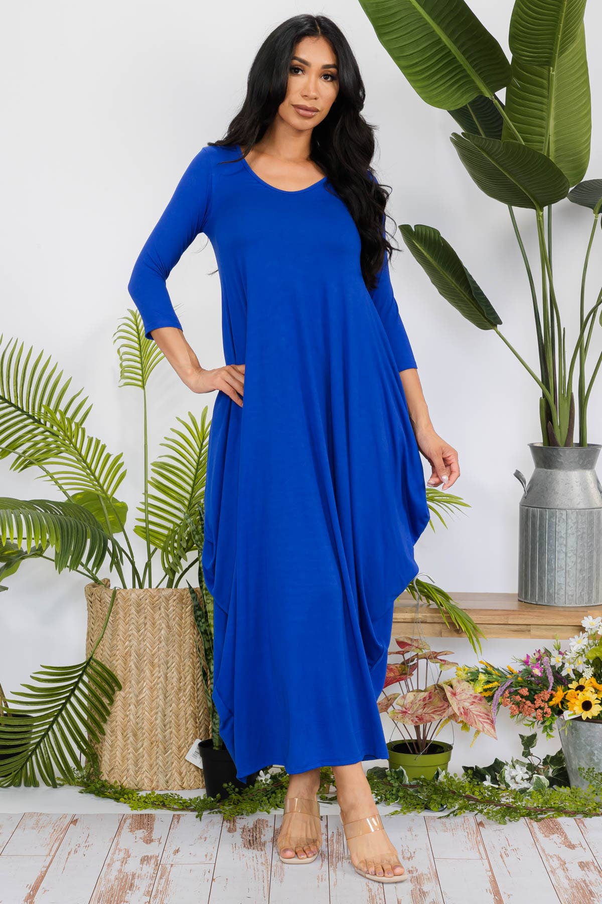 Solid 3/4 Sleeve Maxi Dress