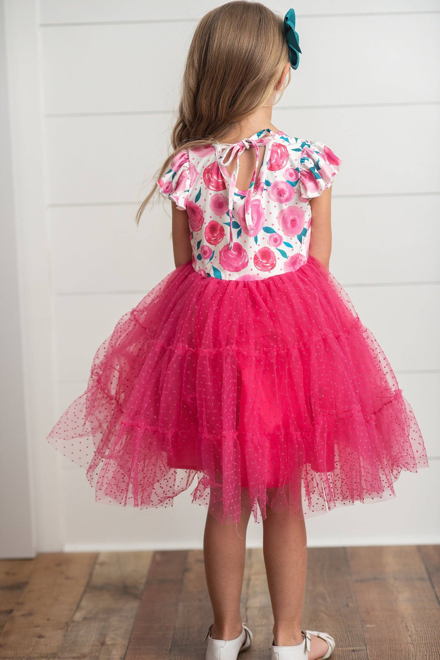 Girls Bright Pink Rose Tiered Tulle Spring Easter Dress