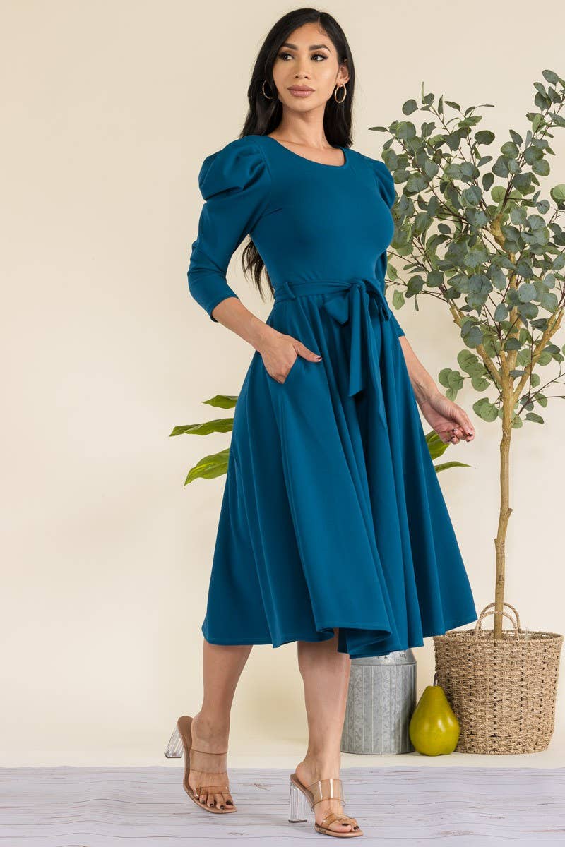 Plus Size Puff Sleeve Midi A-Line Dress