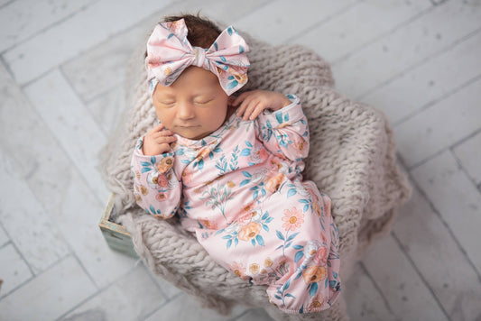 Pink Botanical Baby Gown & Bow Headband