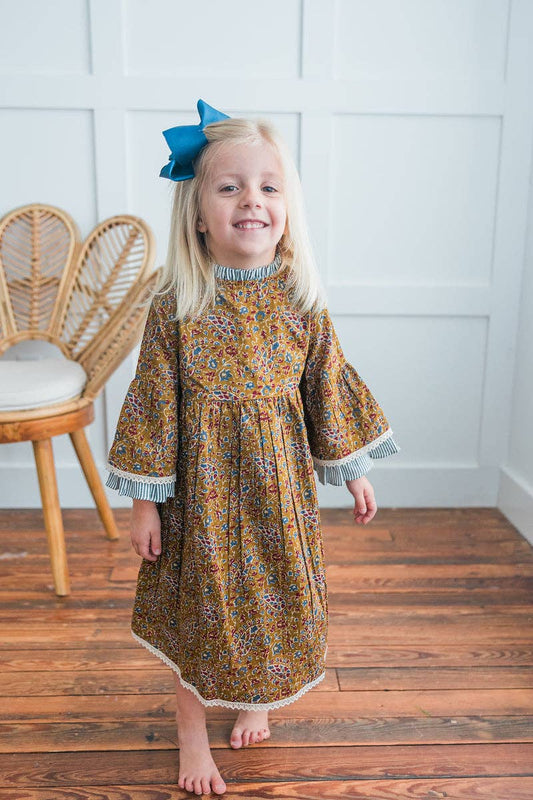 Paisley Print Bell-Sleeves Neck Ruffle Dress