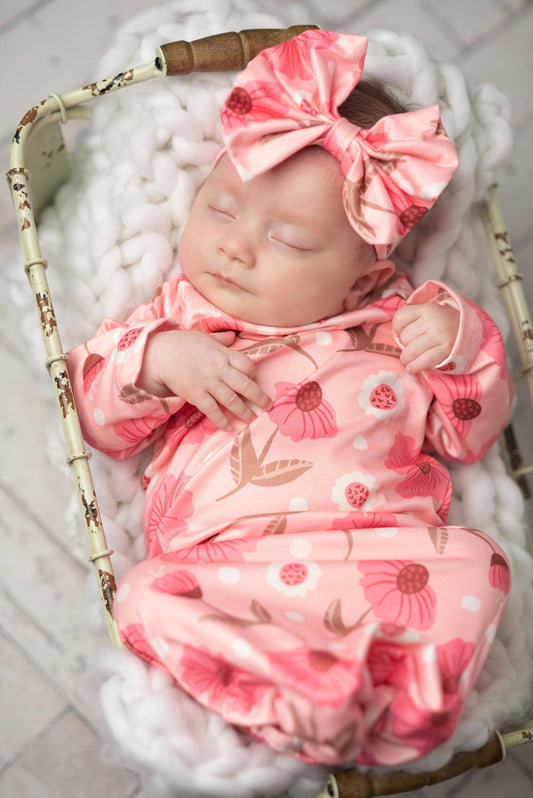 Pink Flower Stem Baby Gown & Bow Headband