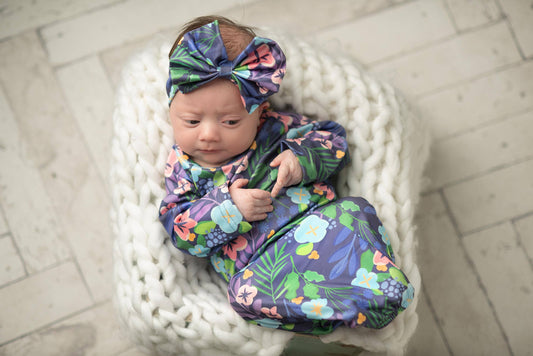 Pink Purple Floral Baby Gown & Bow Headband