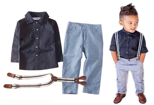 Blue Button Down Shirt, Suspender Straps & Pants