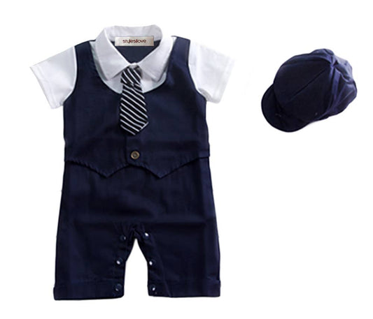 Navy Blue Formal Adjustable Baby Romper, Hat & Tie